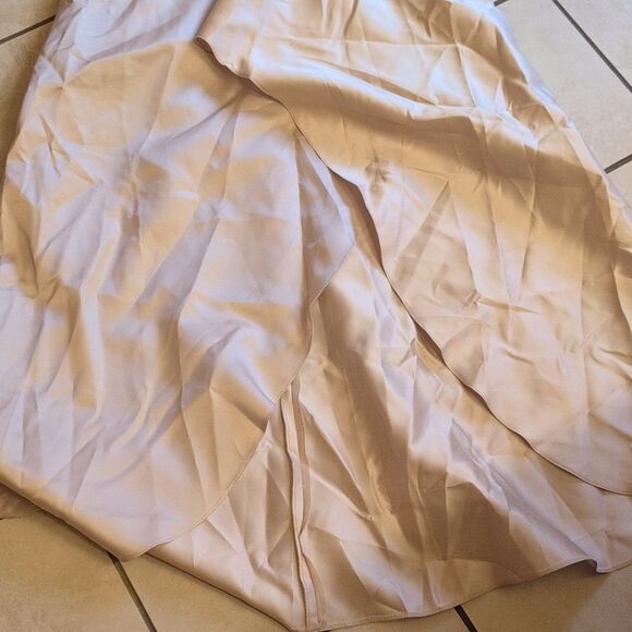 Alfred Sung Strapless Satin Gown Draped Front Slit Pockets Champagne 6 - Picture 3 of 14